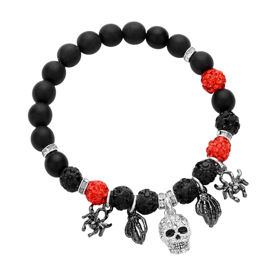 Stone Paved Skull Metal Spider Skeleton Charm Shamballa Ball Beaded Stretch Bracelet