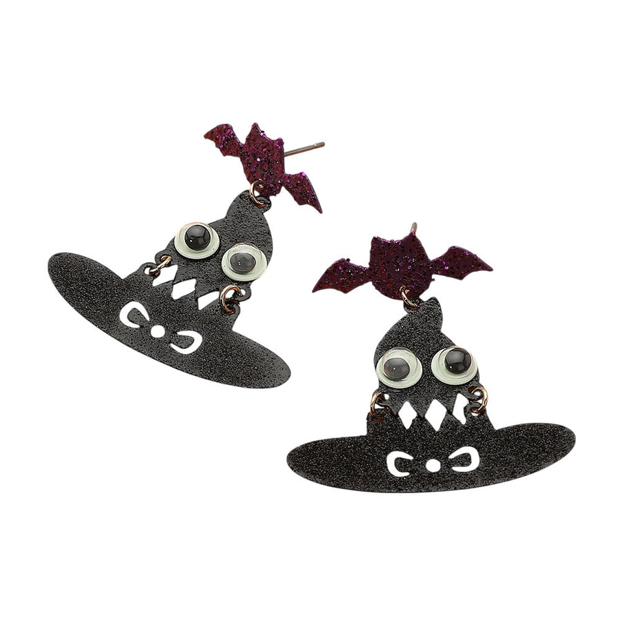 GLOW IN THE DARK Halloween Bat Witch Hat Dangle Earrings