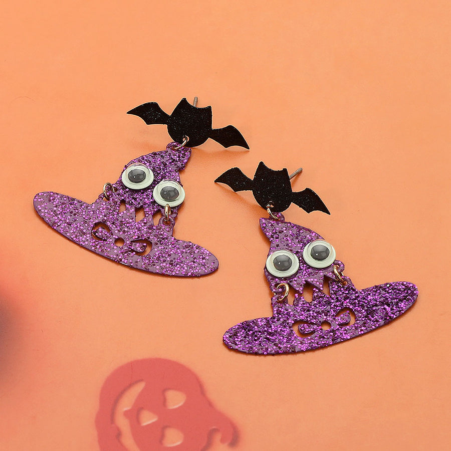 GLOW IN THE DARK Halloween Bat Witch Hat Dangle Earrings