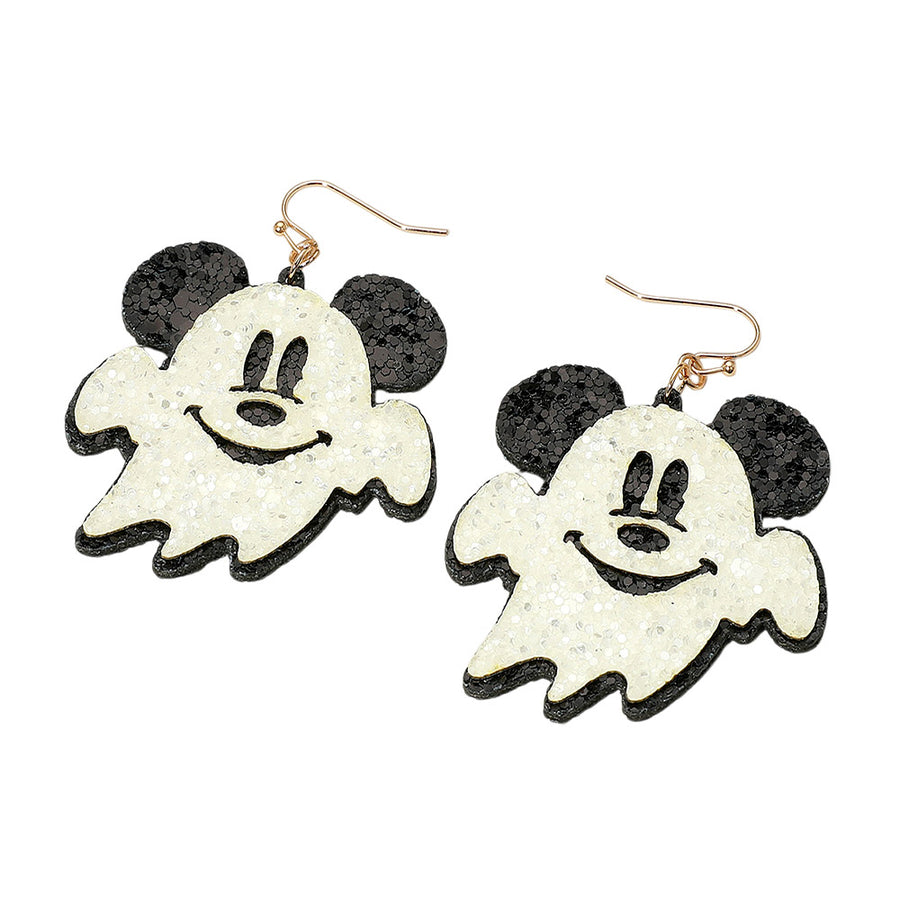 Glittered Halloween Cute Mouse Character Ghost Dangle Earrings