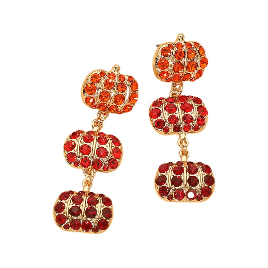 Triple Rhinestone Pave Pumpkin Link Drop Dangle Earrings