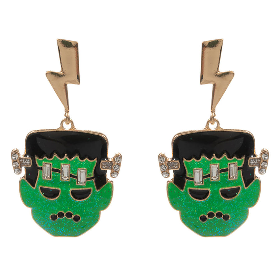 Stone Accent Glittered Enamel Halloween Lightning Bolt Frankenstein Dangle Earrings