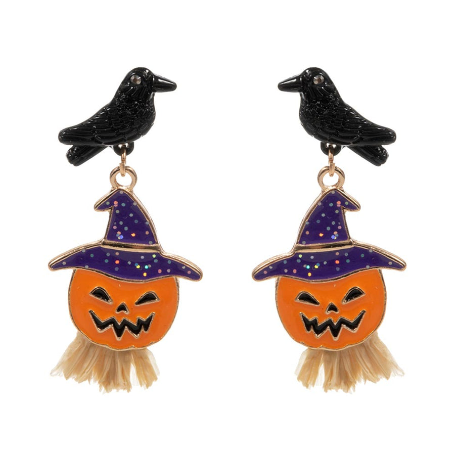 Halloween Enamel Crow Pumpkin Dangle Earrings