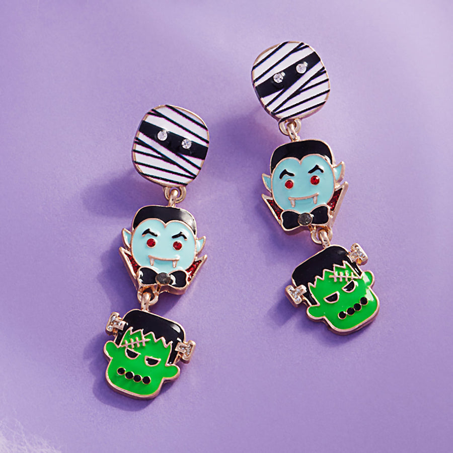 Enamel Mummy Dracula Frankenstein Link Dropdown Earrings