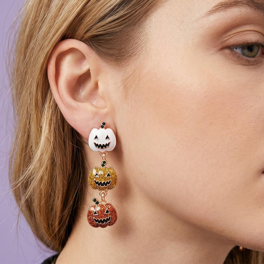 Glittered Enamel Halloween Pumpkin Link Dropdown Earrings