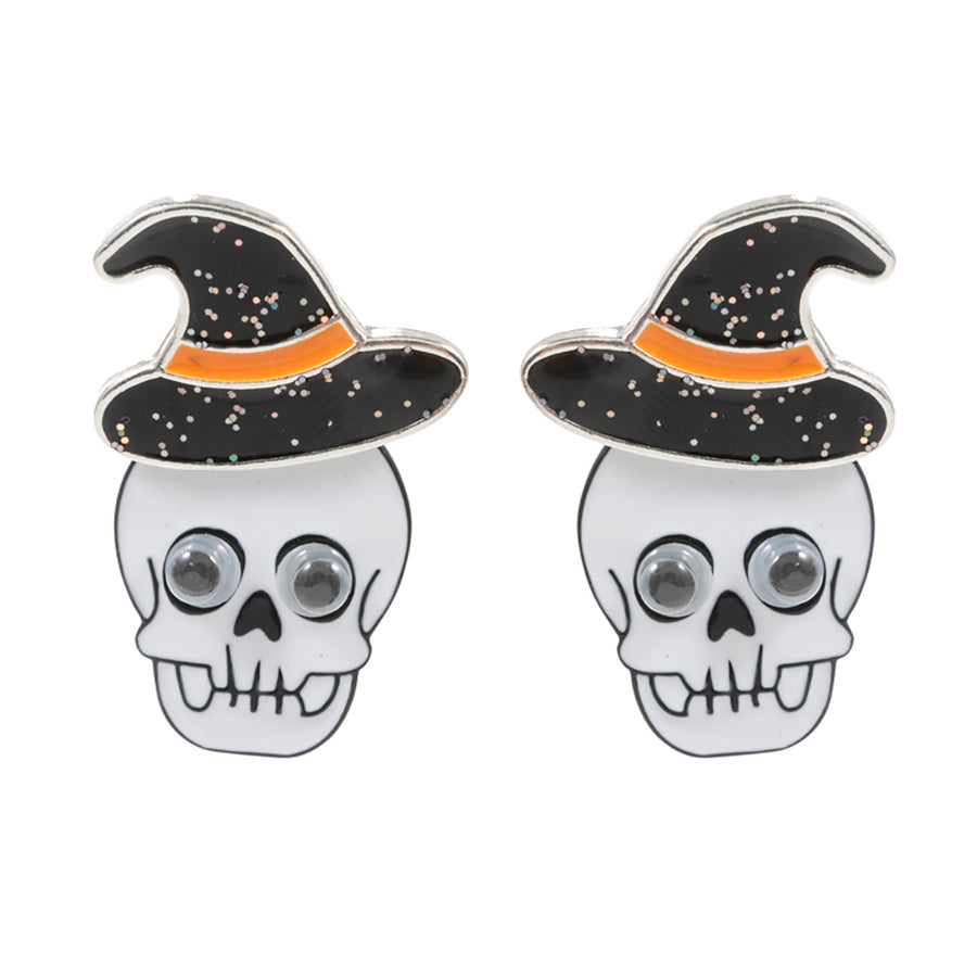 Eye Pointed Enamel Skull Head in Witch Hat Earrings