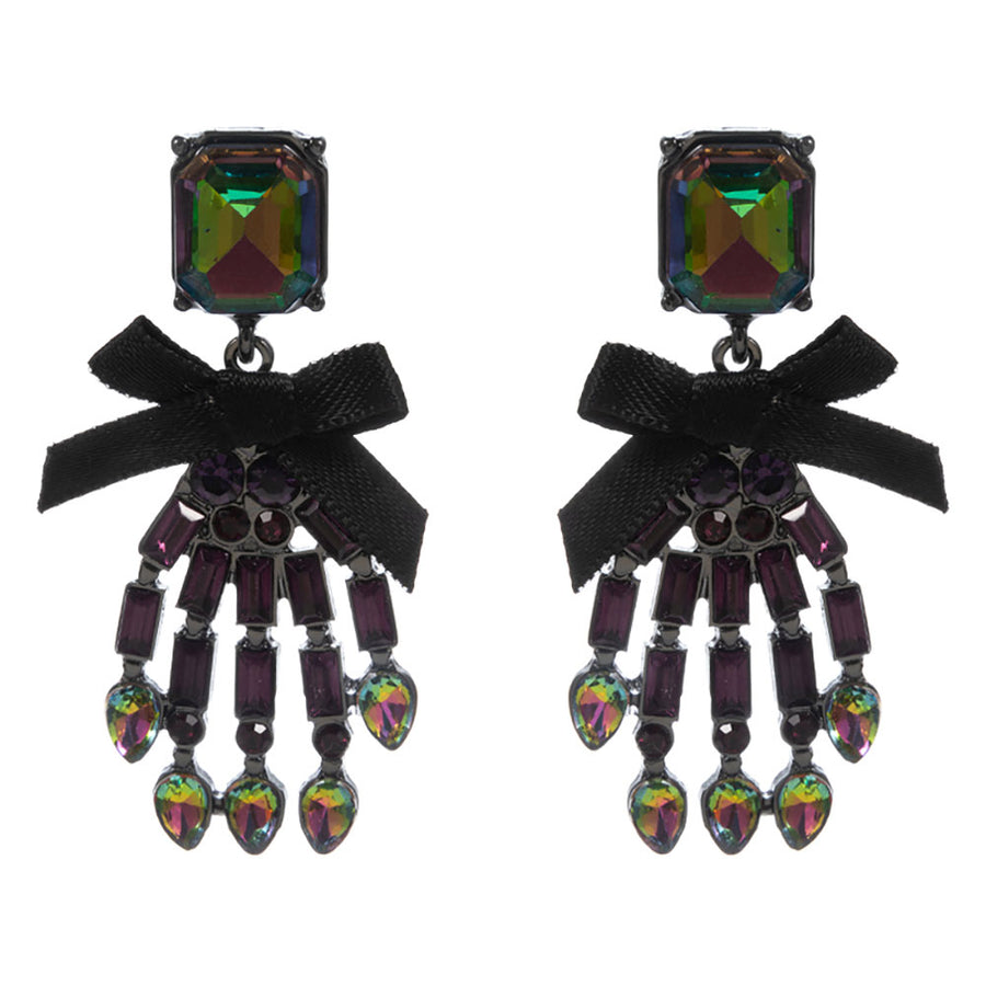 Bow Accent Glass Stone Skeleton Hand Dangle Earrings