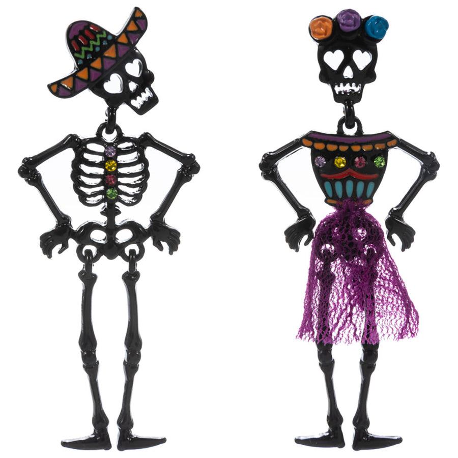 Mismatched Day of the Dead Halloween Skeleton Earrings