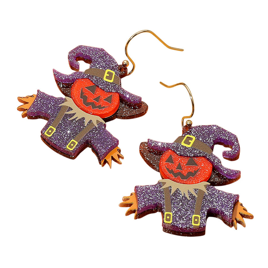 Glittered Resin Scarecrow Halloween Pumpkin Dangle Earrings