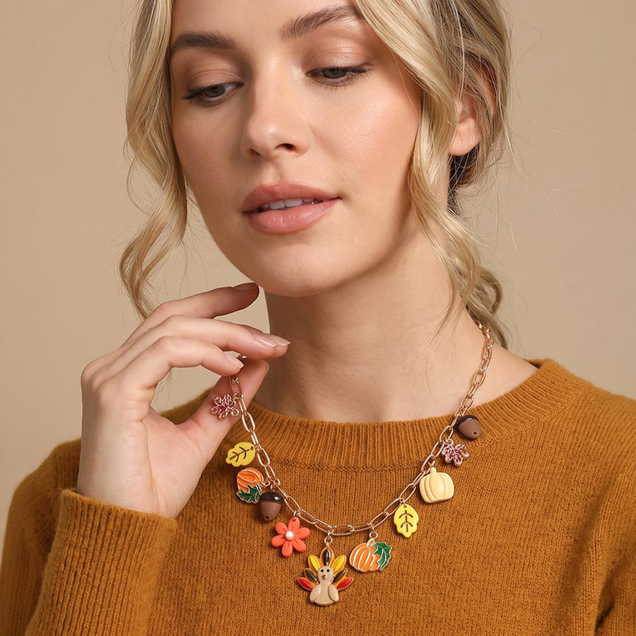 Thanksgiving Turkey Leaf Pumpkin Acorn Flower Charm Station Necklace