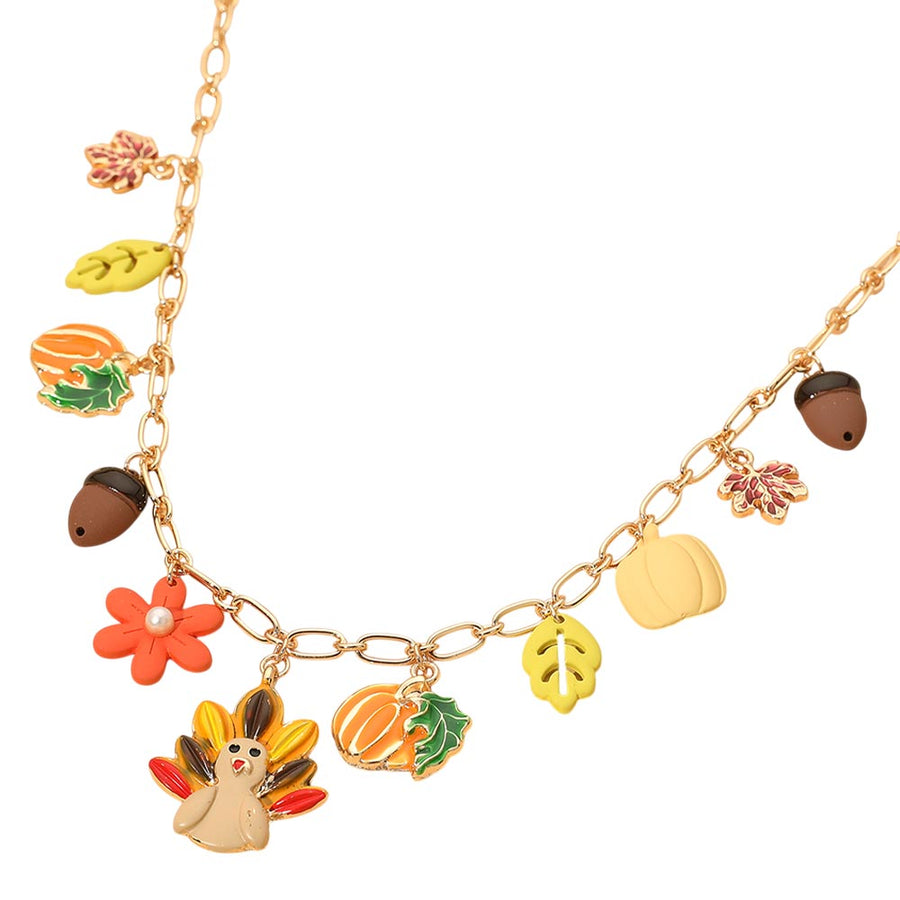 Thanksgiving Turkey Leaf Pumpkin Acorn Flower Charm Station Necklace