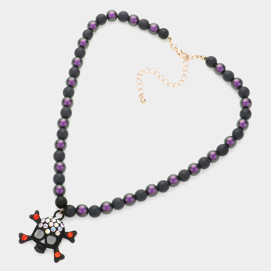 Rhinestone Embellished Skull Pendant Beaded Necklace