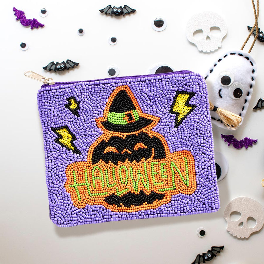 Happy Halloween Message Seed Beaded Halloween Mini Pouch Bag