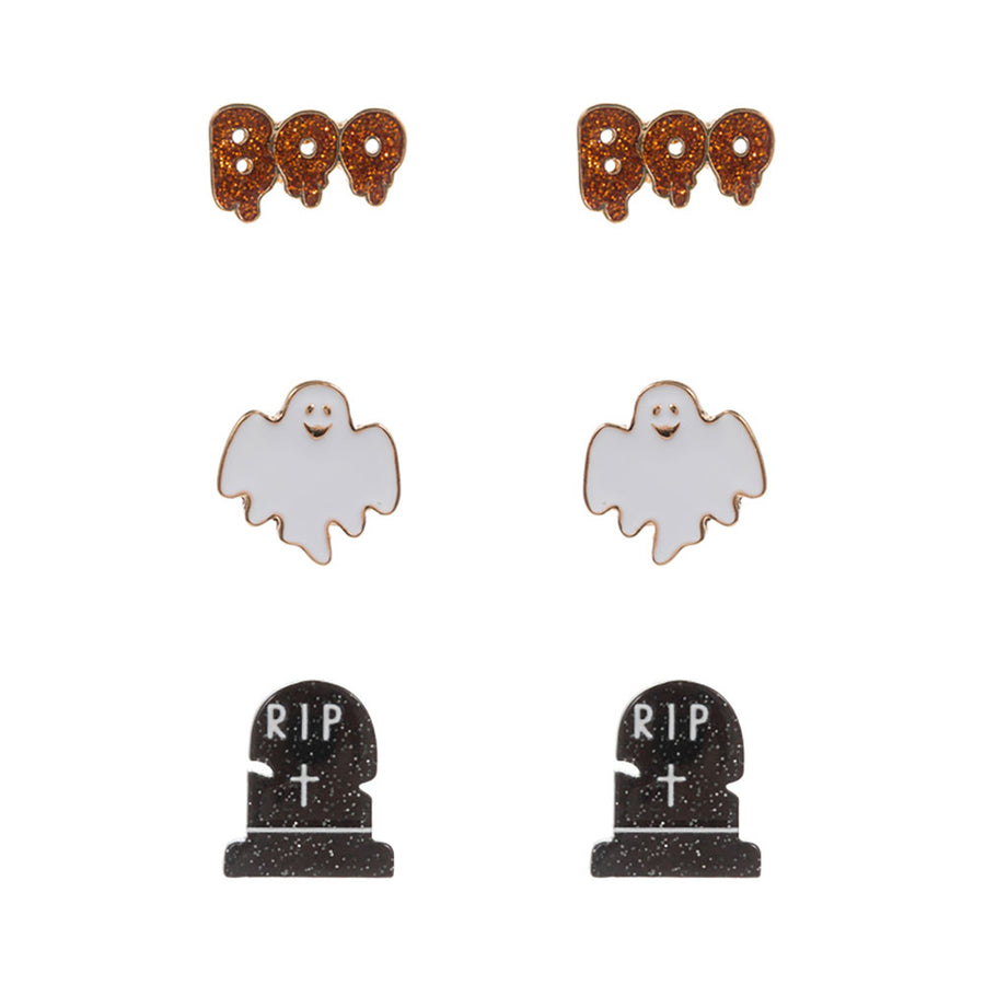 3Pairs - Halloween Ghost Tombstone BOO Stud Earring Set