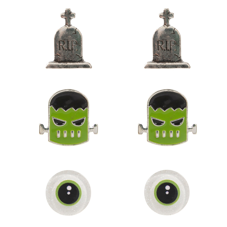 3Pairs - Enamel Halloween Frankenstein Monster Eye Tomb Stud Earring Set