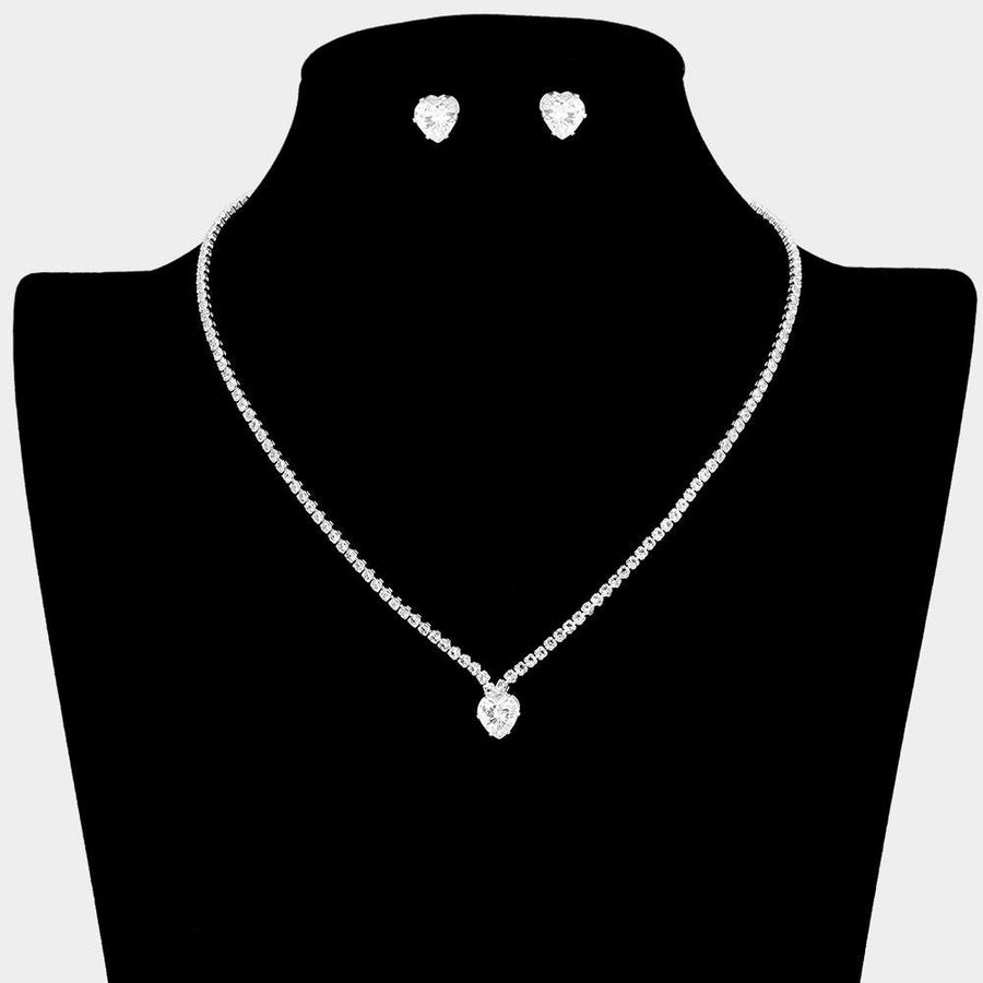 CZ Heart Rhinestone Necklace & Stud Earrings Set | Cluster Accent Jewelry | Sparkling Romantic Jewelry