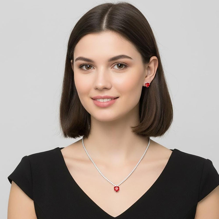 CZ Heart Rhinestone Necklace & Stud Earrings Set | Cluster Accent Jewelry | Sparkling Romantic Jewelry