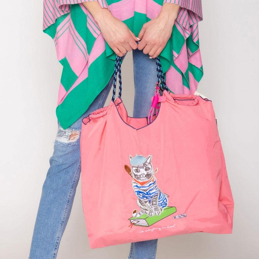 Embroidered Cat Nylon Tote Bag, Rope Handle Casual Shopping Bag