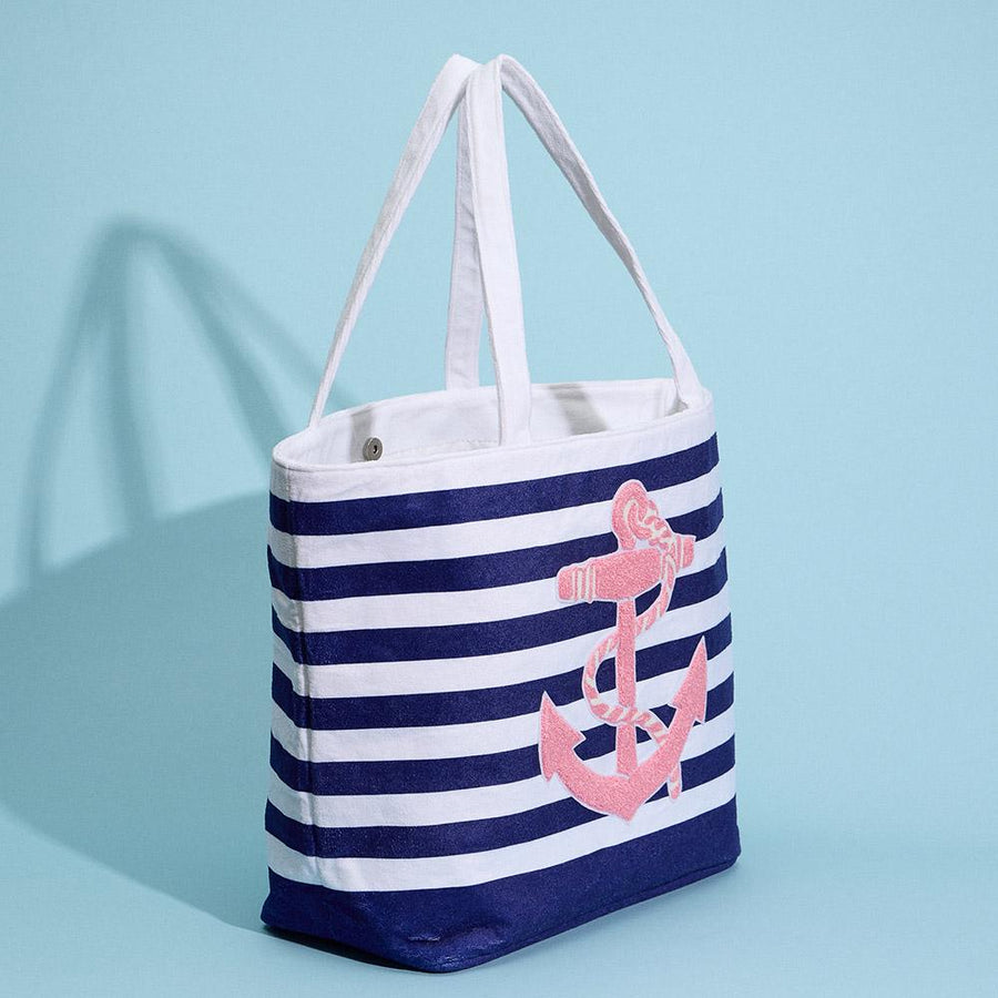 Anchor Striped Beach Tote Bag, Large Summer Shoulder Bag for Seaside Vacation