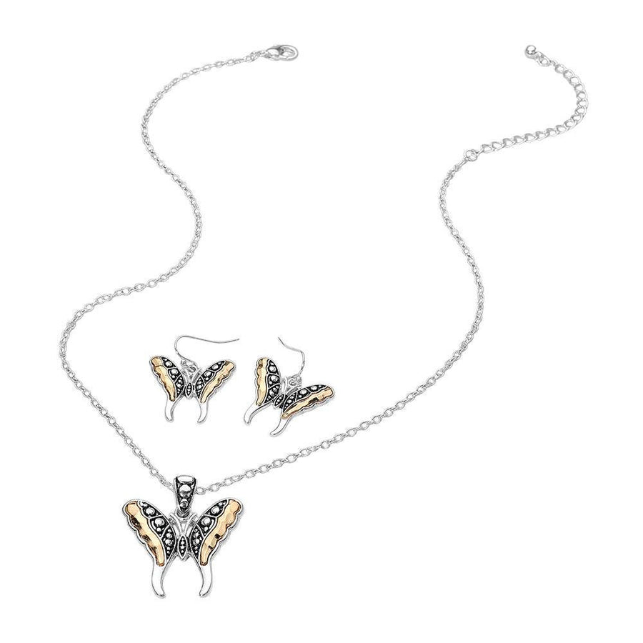 Antique Butterfly Jewelry Set, Vintage Necklace Earrings, Boho Pendant Nature Inspired