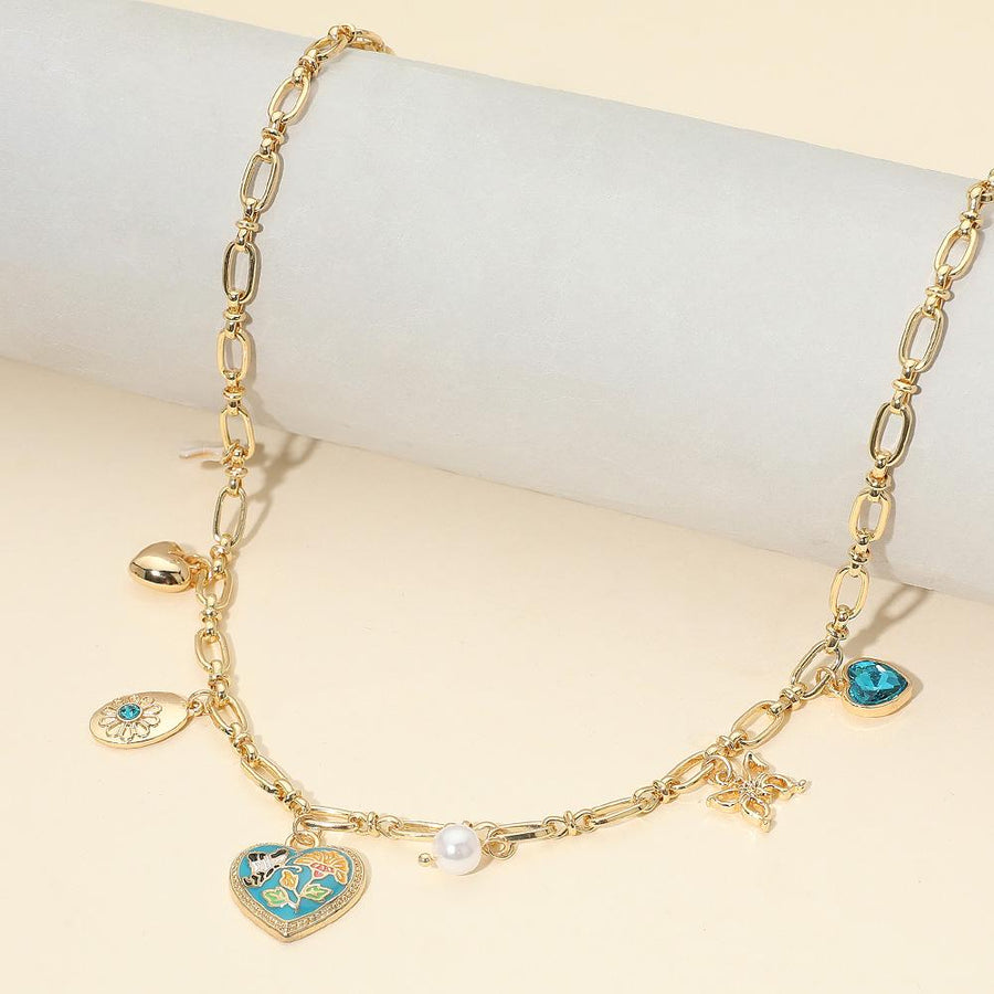 Butterfly Flower Enamel Heart Charm Station Necklace, Dainty Floral Pendant Jewelry