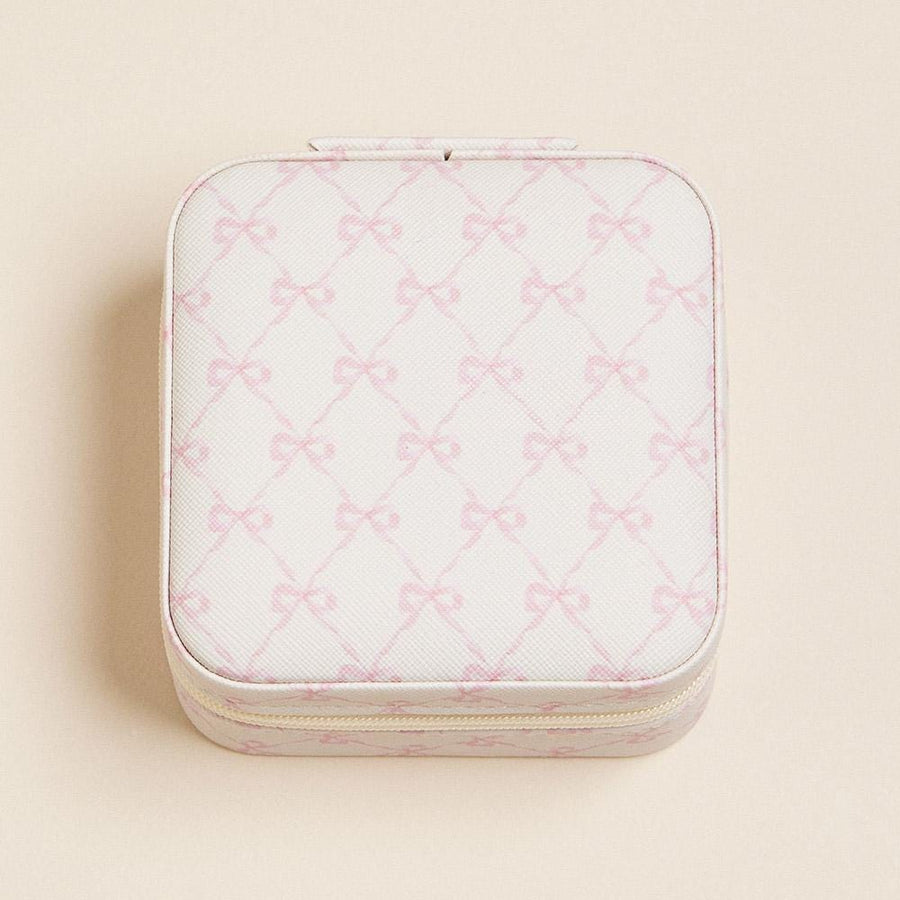 Pink Bow Jewelry Box, Square Travel Case, Mini Organizer, Zipper Closure