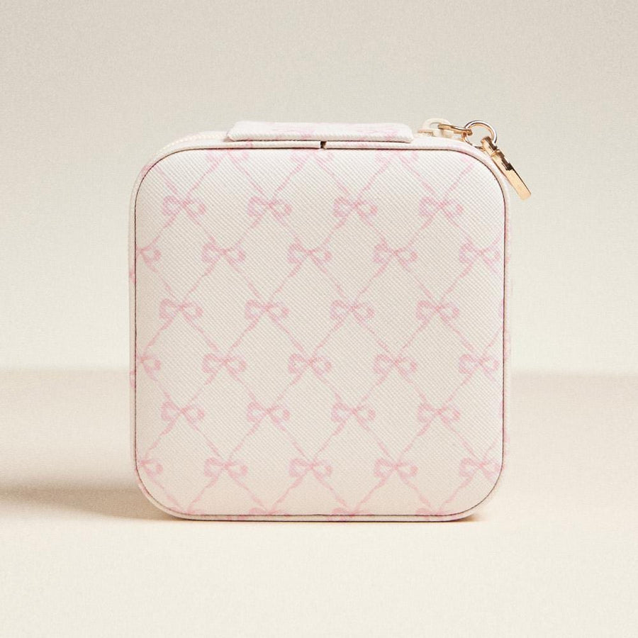 Pink Bow Jewelry Box, Square Travel Case, Mini Organizer, Zipper Closure