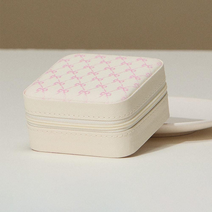 Pink Bow Jewelry Box, Square Travel Case, Mini Organizer, Zipper Closure