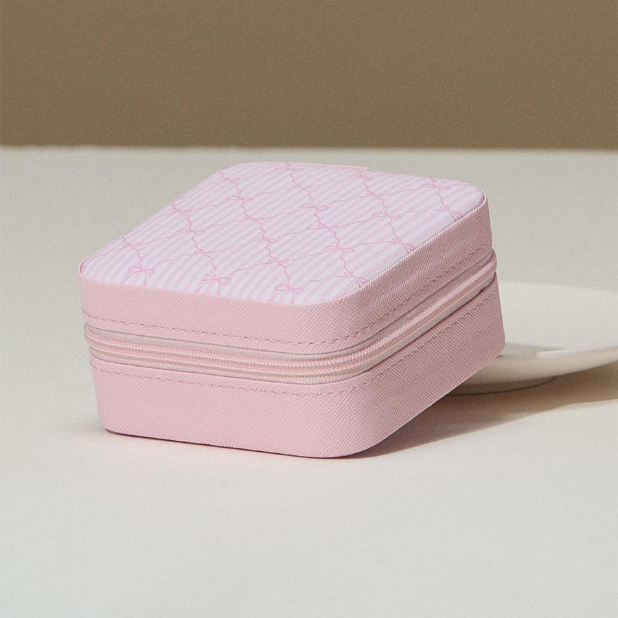 Pink Bow Jewelry Box, Square Travel Case, Mini Organizer, Zipper Closure
