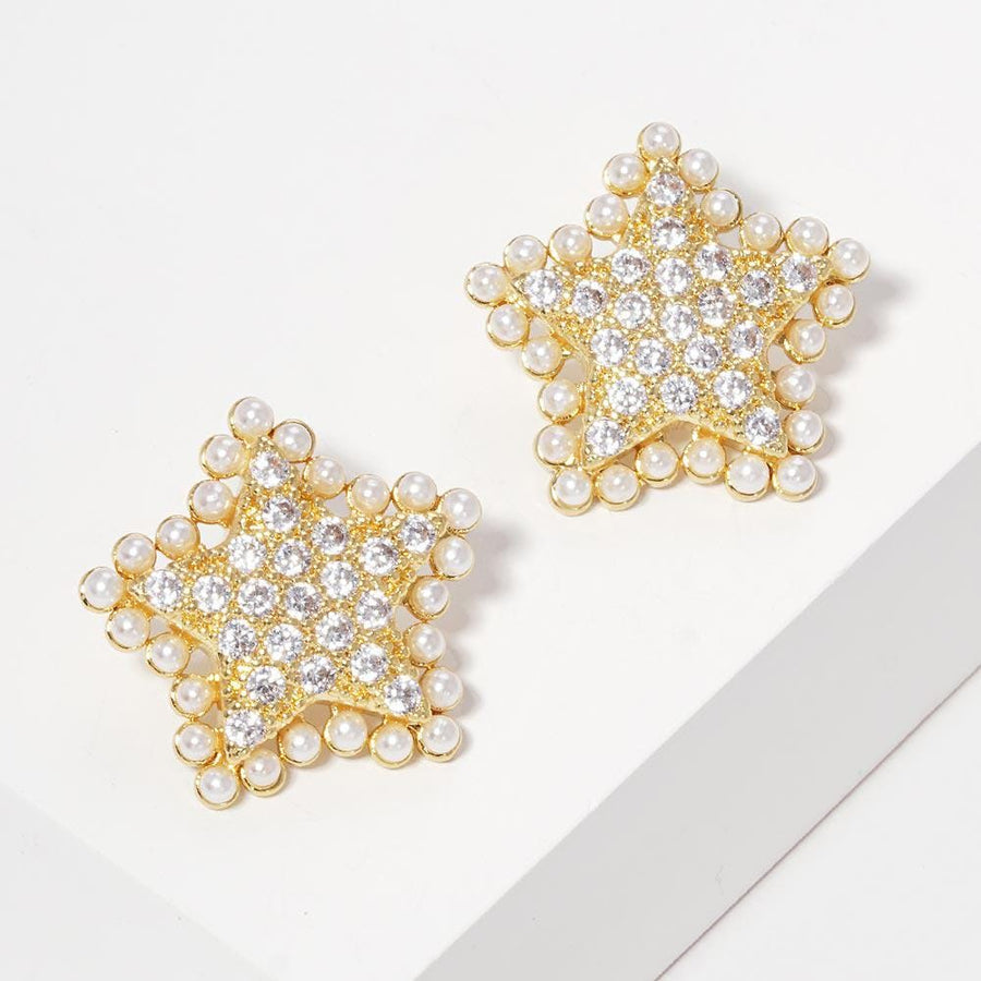 Gold Dipped Star Pearl Stud Earrings, CZ Stone Sterling Post Studs, Minimalist Everyday Jewelry