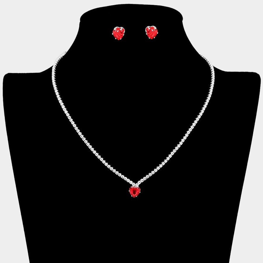 CZ Heart Rhinestone Necklace & Stud Earrings Set | Cluster Accent Jewelry | Sparkling Romantic Jewelry