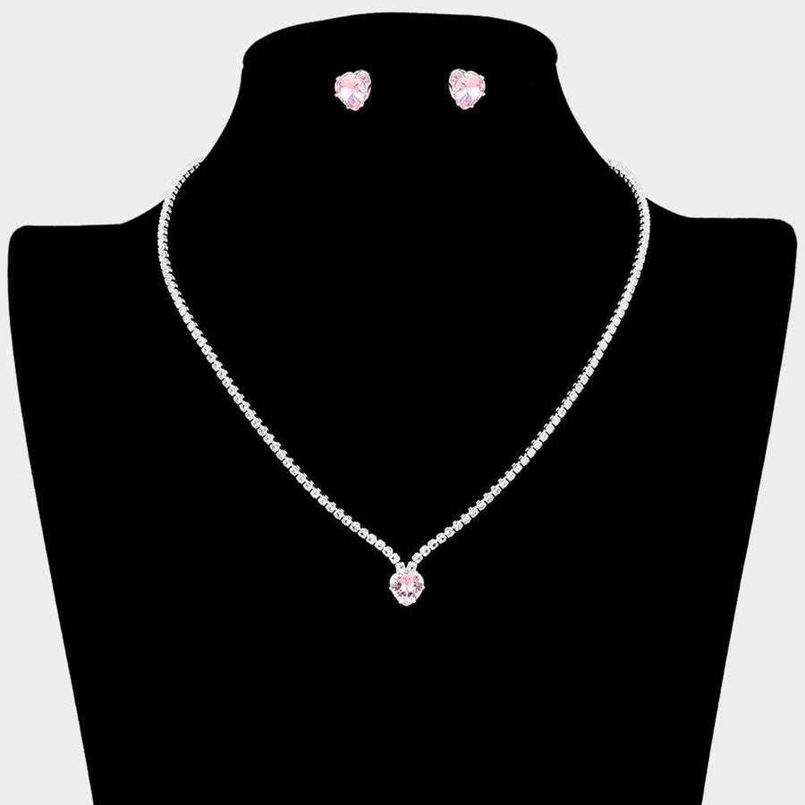 CZ Heart Rhinestone Necklace & Stud Earrings Set | Cluster Accent Jewelry | Sparkling Romantic Jewelry