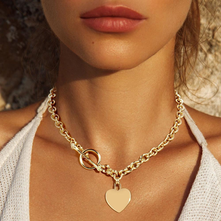 Gold Heart Lock Pendant Necklace, Dainty Toggle Clasp Chain Jewelry