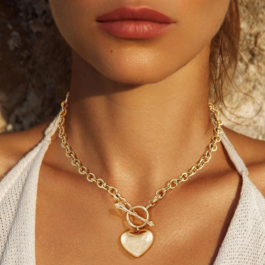 Gold Heart Pendant Necklace, Toggle Clasp, Dainty Brass Chain, Minimalist Layering Jewelry