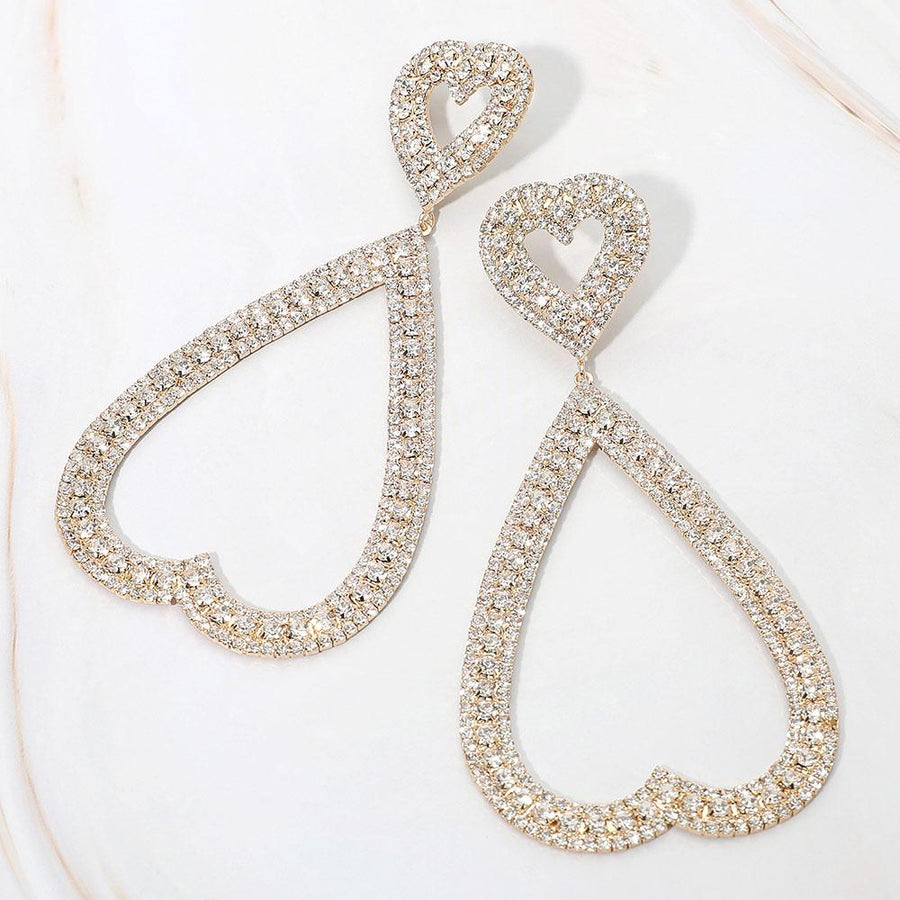 Rhinestone Open Heart Dangle Earrings, Glamorous Statement Jewelry, Evening Party Accessory