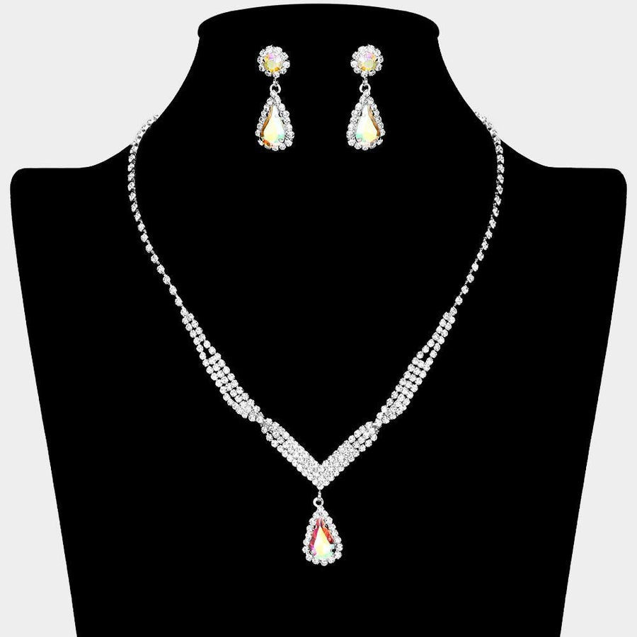Teardrop Rhinestone Paved Necklace Set– Pointed Stone Pendant, Sparkly Statement Jewelry, Bridal & Party Necklace