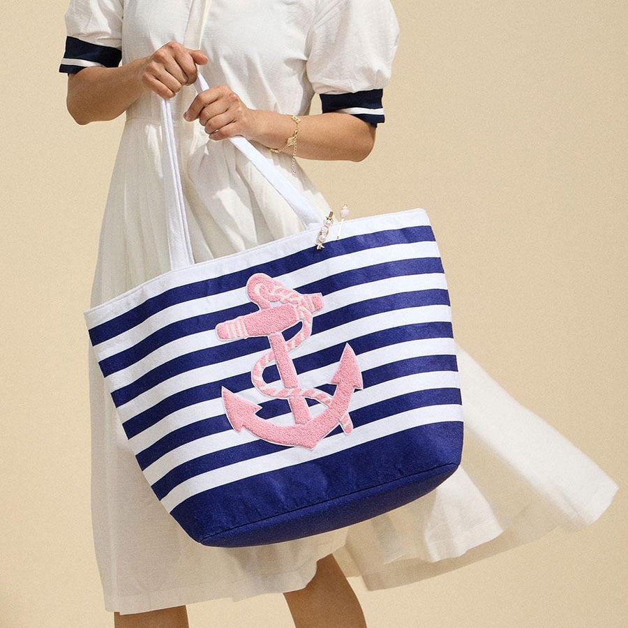 Anchor Striped Beach Tote Bag, Large Summer Shoulder Bag for Seaside Vacation