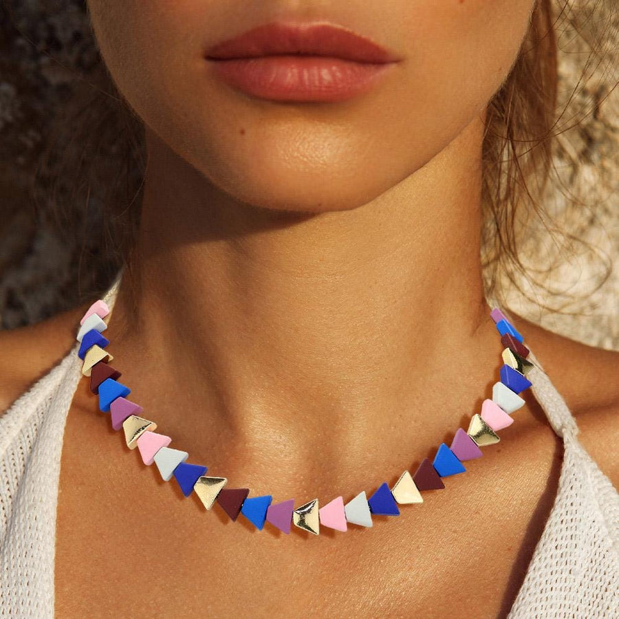 Colorful Triangle Wood Bead Necklace | Boho Geometric Statement Jewelry | Artisan Style Necklace