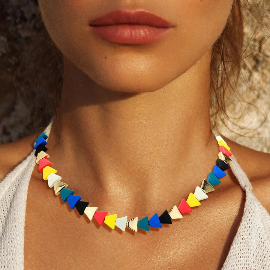 Colorful Triangle Wood Bead Necklace | Boho Geometric Statement Jewelry | Artisan Style Necklace