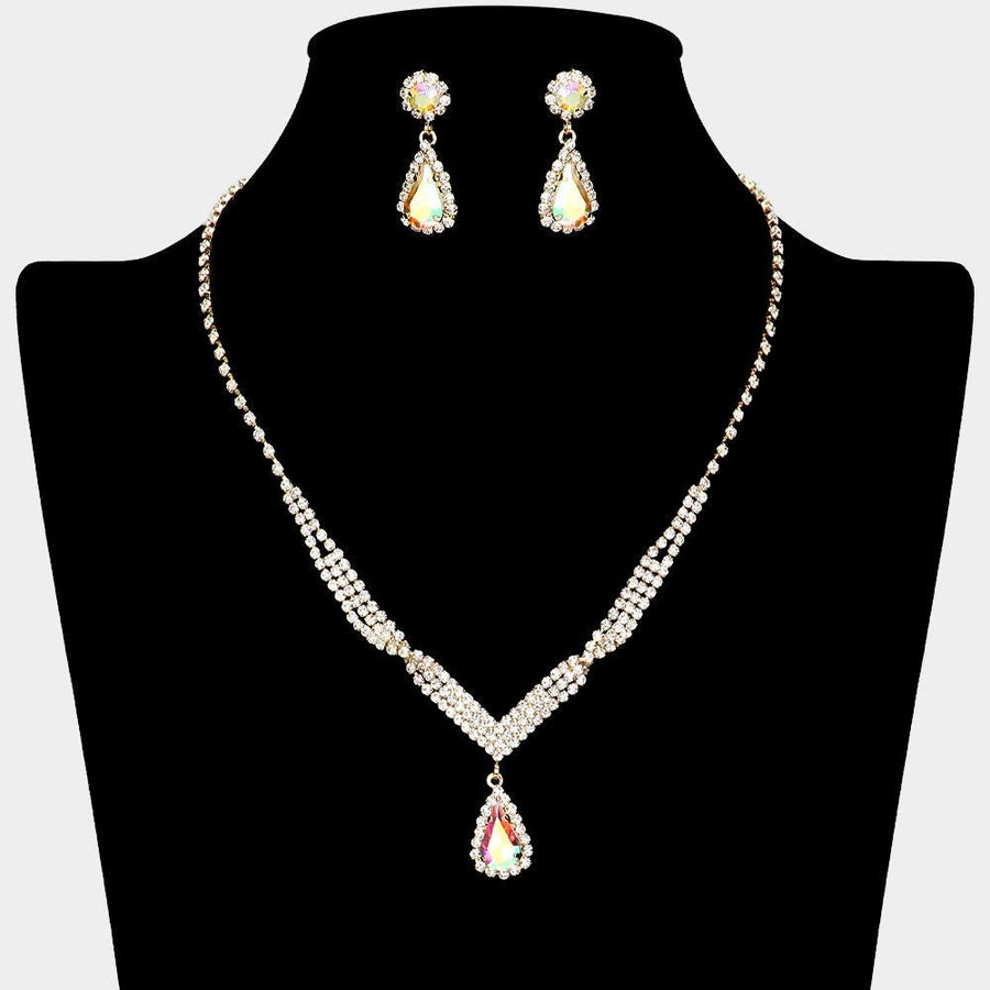 Teardrop Rhinestone Paved Necklace Set– Pointed Stone Pendant, Sparkly Statement Jewelry, Bridal & Party Necklace