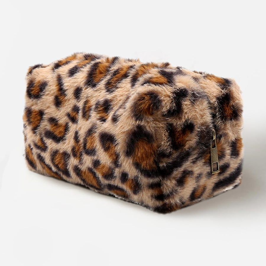 Pattern Faux Fur Pouch | Soft Plush Makeup Cosmetic Pouch | Zipper Clutch Travel Bag