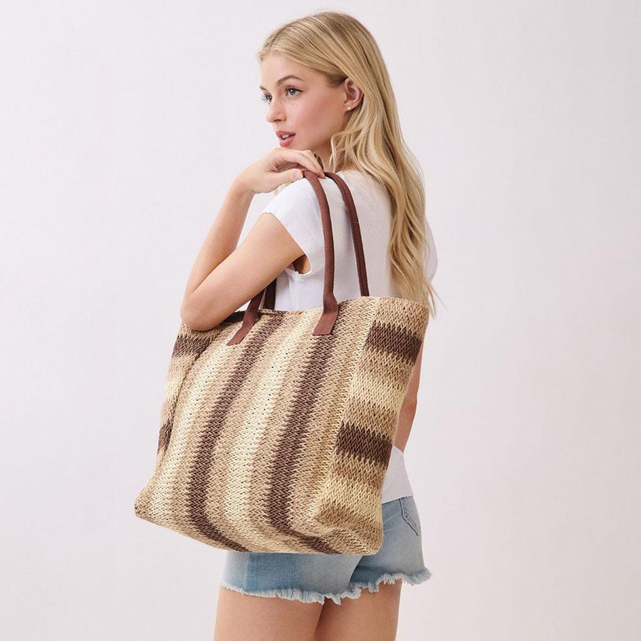 Natural Multi Colour Stripe Straw Shoulder Bag | Woven Summer Beach Tote | Boho Handbag