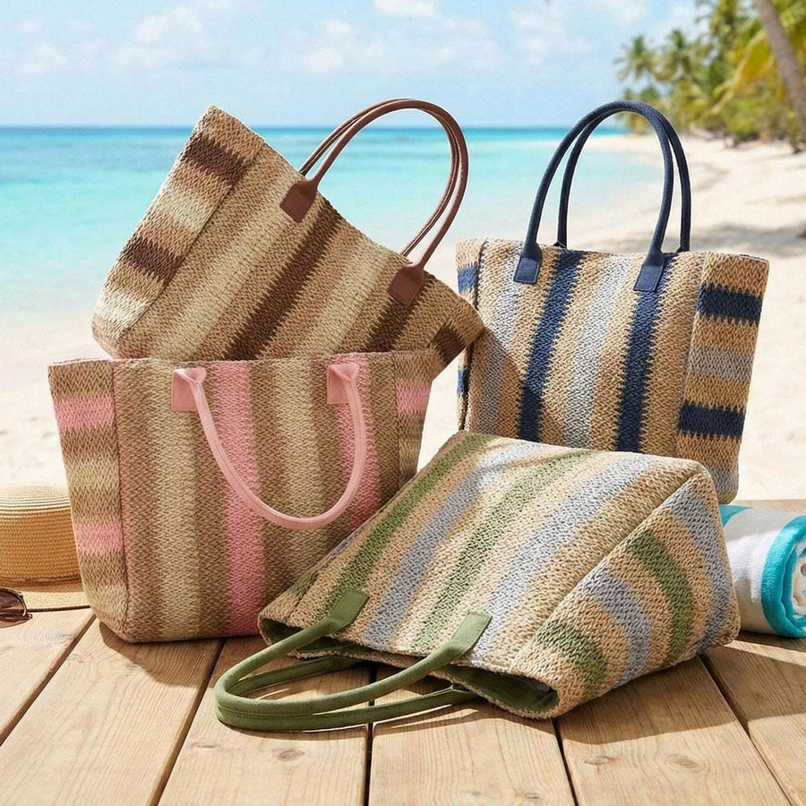Natural Multi Colour Stripe Straw Shoulder Bag | Woven Summer Beach Tote | Boho Handbag