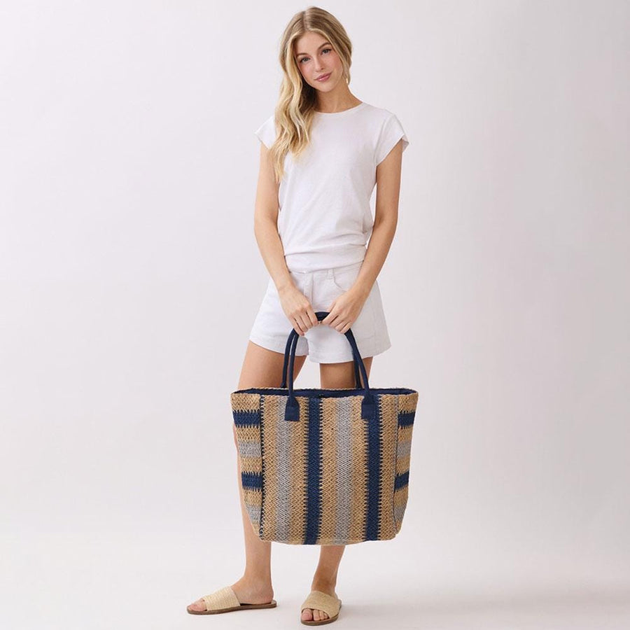 Natural Multi Colour Stripe Straw Shoulder Bag | Woven Summer Beach Tote | Boho Handbag