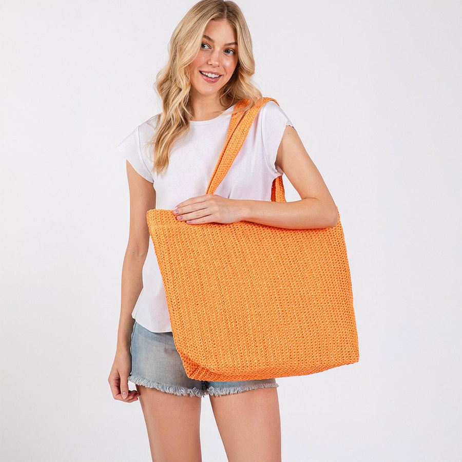Solid Crochet Straw Tote Bag | Woven Shoulder Beach Bag | Boho Summer Handbag