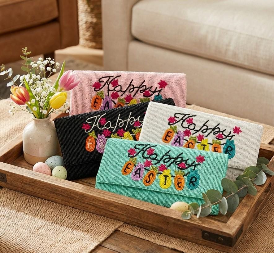 Happy Easter Seed Beaded Clutch Bag | Carrot Bunny Crossbody Purse | Easter Party Handbag