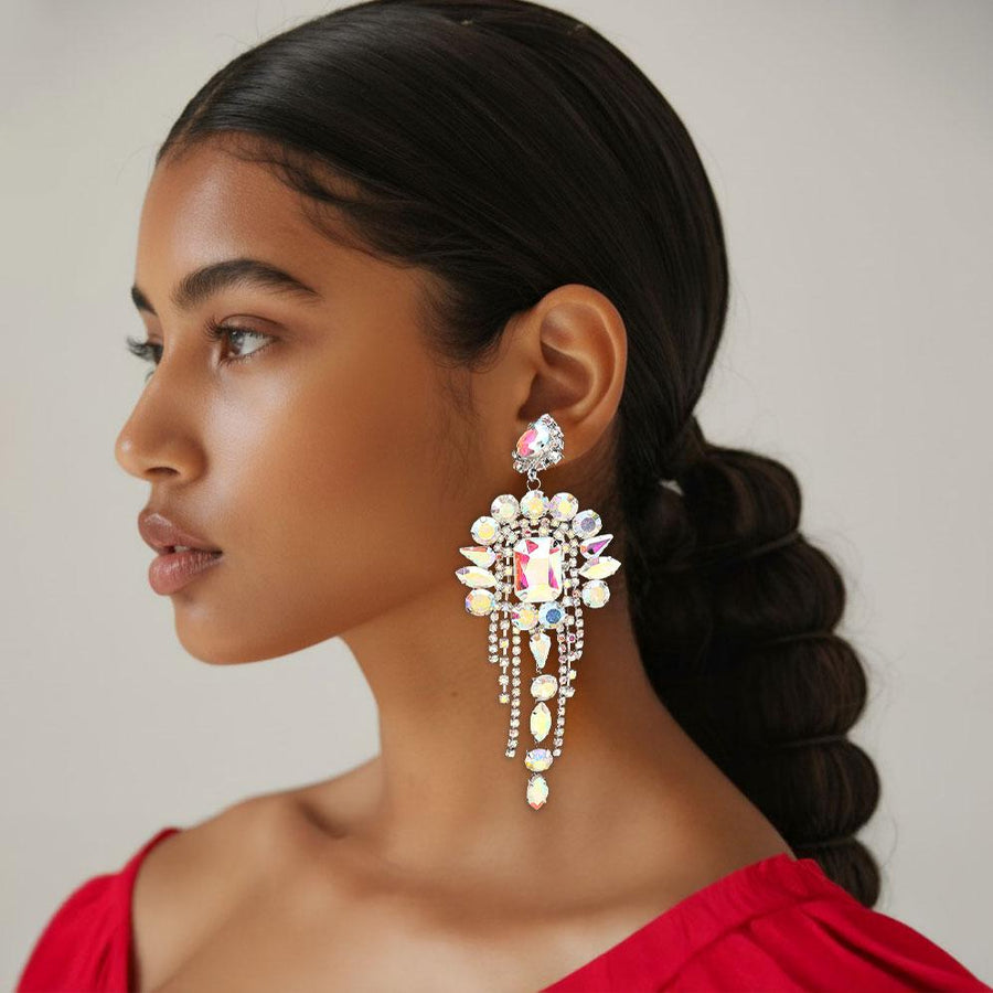 Stone Cluster Chandelier Fringe Drop Earrings – Sparkly Evening Statement Jewelry for Wedding, Prom & Events
