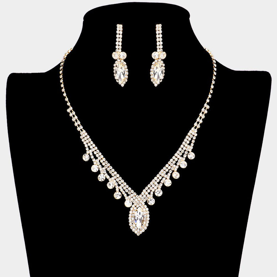 Round & Marquise Rhinestone Statement Necklace | Crystal Evening Jewelry | Bridal Wedding Party Prom Glam Necklace