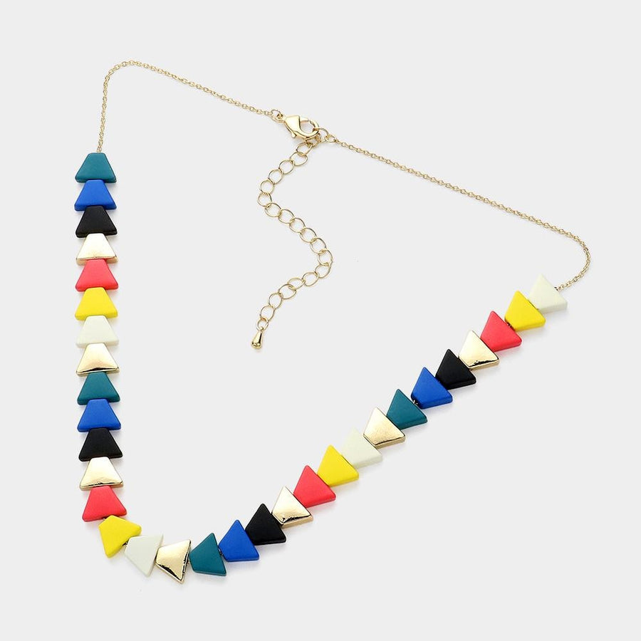 Colorful Triangle Wood Bead Necklace | Boho Geometric Statement Jewelry | Artisan Style Necklace
