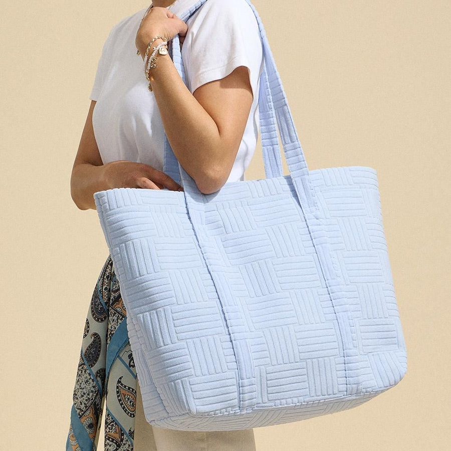 Grid Pattern Terry Tote Bag | Soft Summer Shopper Carry on | Large Beach Shoulder Bag